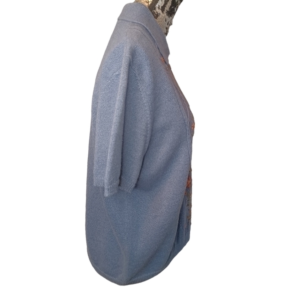 Alfred Dunner Embroidered Beaded Floral Short Sleeve Pastel Blue Collar Shirt - Picture 6 of 10